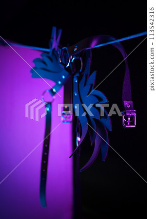 bdsm leather shoulder straps in the shape of wings hanging on a clothesline in neon light on a black background, conceptual photos bdsm leather shoulder straps in the shape of wings hanging on a clothesline in neon light on a black background, conceptual photos 113542316