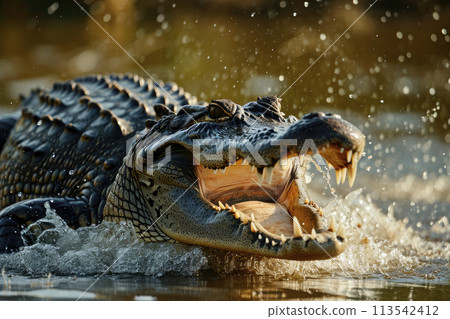 Crocodile danger in water, attack people. 113542412