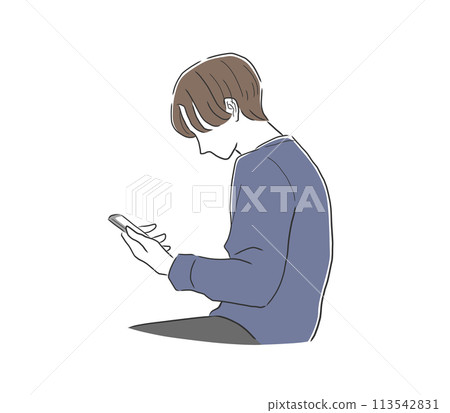 Illustration material of a man with a straight neck looking at a smartphone 113542831