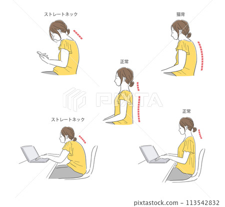使用智慧型手機和筆記型電腦的姿勢不良女性和姿勢良好女性的插圖集 113542832