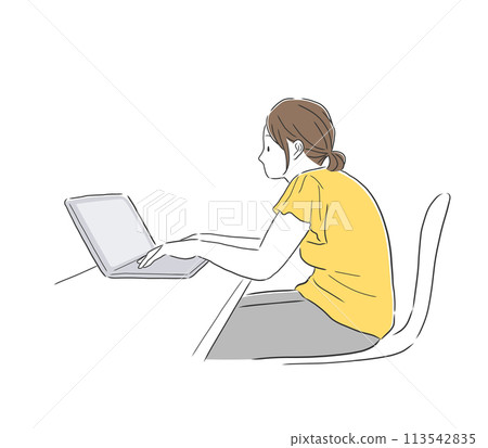 一個彎腰在電腦前工作的女人插畫素材 113542835
