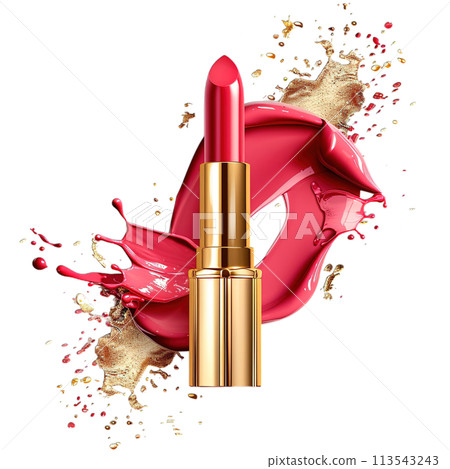 Luxury red lipstick with glossy finish and gold accents, perfect for a glamorous makeup look 113543243