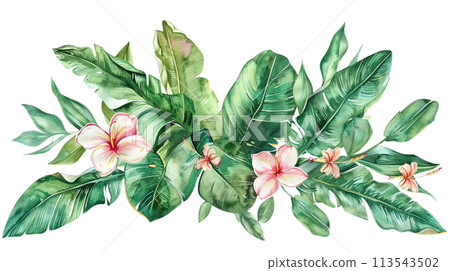 Lush tropical leaves and vibrant hibiscus watercolor illustration, perfect for nature-inspired decor, isolated on transparent background 113543502