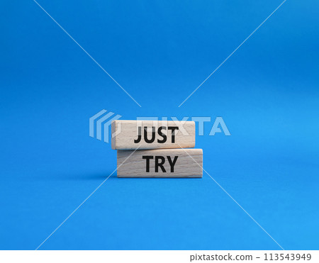 Just try symbol. Concept words Just try on wooden blocks. Beautiful blue background. Business and Just Try concept. Copy space. Just try symbol. Concept words Just try on wooden blocks. Beautiful blue background. Business and Just Try concept. Copy space. 113543949