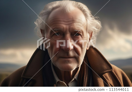 Close-up outdoor portrait of gray haired old man wearing vintage hat, coat. Observant elderly man look at camera. 20th century Stylish retro old-fashioned suit look. Senior nostalgic wrinkled face man Close-up outdoor portrait of gray haired old man wearing vintage hat, coat. Observant elderly man look at camera. 20th century Stylish retro old-fashioned suit look. Senior nostalgic wrinkled face man 113544011