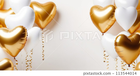 Golden colored heart shaped balloons, copy space shiny glitter background. Festive backdrop. Set of foil balloons with curly ribbons. Valentine's Day, wedding, birthday party decoration. Front view. 113544014