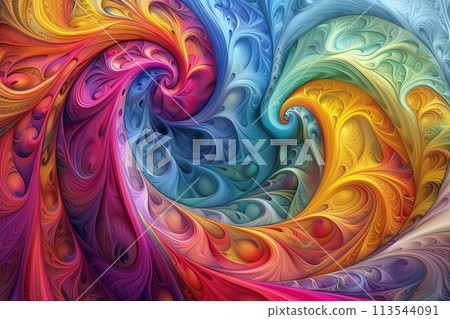 Fractal Pattern. Smooth texture of repeating geometric elements, swirl, zigzag. Complex nautilus shell spirals. Vivid multicolor. Geometric volume patterns. Modern graphics abstract background. Design 113544091