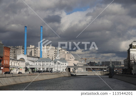 Moscow, Bolotnaya embankment, heating station number 2 cultural center, February 2022. Moscow, Bolotnaya embankment, heating station number 2 cultural center, February 2022. 113544201