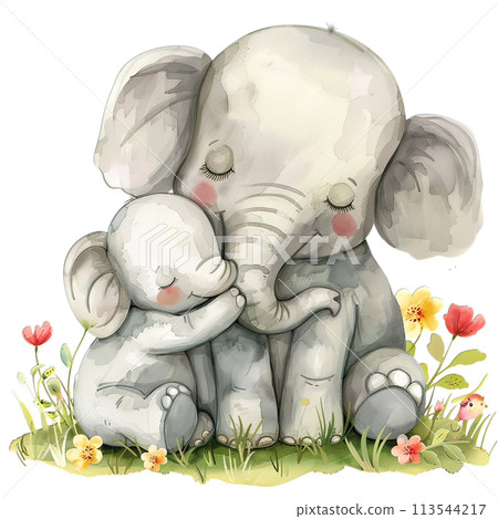Tender embrace of mother and baby elephant in watercolor, perfect for nursery wall art and family themes, happy mother's day watercolor 113544217