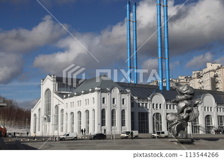 Moscow, Bolotnaya embankment, heating station number 2 cultural center, February 2022. Moscow, Bolotnaya embankment, heating station number 2 cultural center, February 2022. 113544266