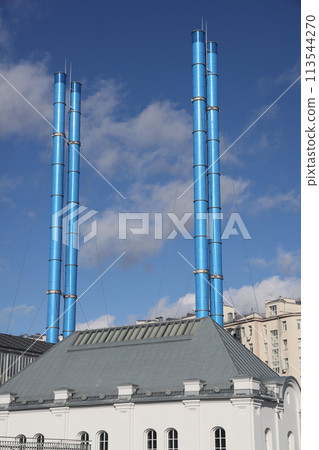 Moscow, Bolotnaya embankment, heating station number 2 cultural center, February 2022. Moscow, Bolotnaya embankment, heating station number 2 cultural center, February 2022. 113544270