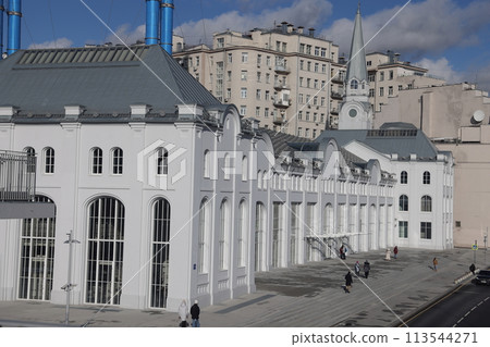 Moscow, Bolotnaya embankment, heating station number 2 cultural center, February 2022. Moscow, Bolotnaya embankment, heating station number 2 cultural center, February 2022. 113544271