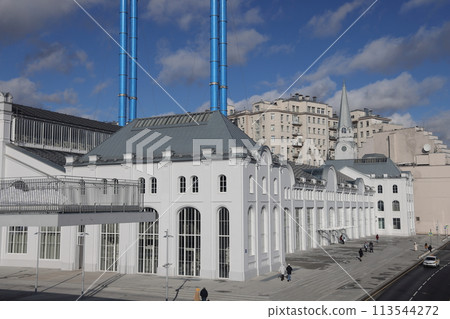 Moscow, Bolotnaya embankment, heating station number 2 cultural center, February 2022. Moscow, Bolotnaya embankment, heating station number 2 cultural center, February 2022. 113544272