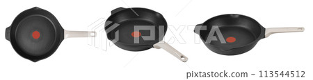 Modern empty cast frying pan with ceramic non-stick coating isolated on white background. Modern empty cast frying pan with ceramic non-stick coating isolated on white background. 113544512