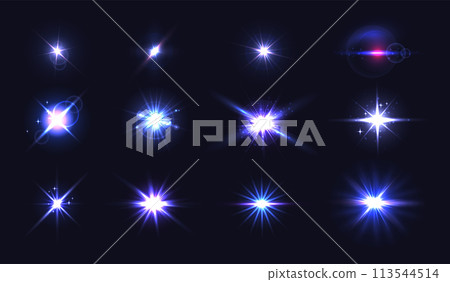 Flare light. Glow sparkle, lens realistic flare ignition effect. Flashing lights, photo camera light. Vector isolated glints, sunlight reflection set Flare light. Glow sparkle, lens realistic flare ignition effect. Flashing lights, photo camera light. Vector isolated glints, sunlight reflection set 113544514