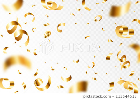 Golden confetti explosion. Falling shiny gold serpentine, flying ribbons. Glossy gold paper pieces fly, scatter around. 3D realistic vector isolated texture 113544515