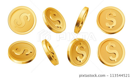 3D golden dollar coins. Realistic gold coin dollars different views. Gambling money saving and banking, investment financial cash symbol isolated vector set 3D golden dollar coins. Realistic gold coin dollars different views. Gambling money saving and banking, investment financial cash symbol isolated vector set 113544521