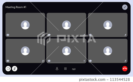Video conference overlay. Online meeting UI elements, webinar screen with participants and speaker, video call with chat Vector mockup Video conference overlay. Online meeting UI elements, webinar screen with participants and speaker, video call with chat Vector mockup 113544528