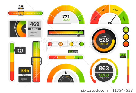 Gauges measuring scale. Tachometer dial speedometer bar graph, progress bar and score level indicators Vector infographic elements 113544538
