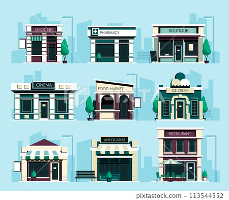 Cartoon stores. Street shop facade with cafe restaurant bakery fast food and ice cream, building exterior with outdoor seat Vector isolated set 113544552