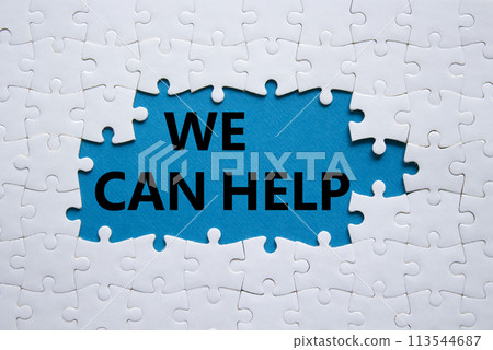 We can help symbol. Concept words We can help on white puzzle. Beautiful blue background. Business and We can help concept. Copy space. We can help symbol. Concept words We can help on white puzzle. Beautiful blue background. Business and We can help concept. Copy space. 113544687