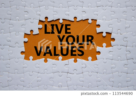 Live your values symbol. Concept words Live your values on white puzzle. Beautiful orange background. Business and Live your values concept. Copy space. 113544690