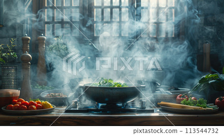 Hotpot with smoke in restaurant. Side view. food concept. Hotpot with smoke in restaurant. Side view. food concept. 113544732