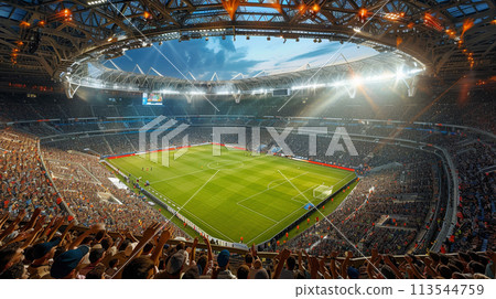 Football, there are cheerleaders filling the football field. 113544759