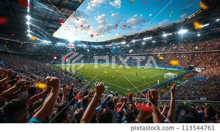 Football, there are cheerleaders filling the football field. 113544761