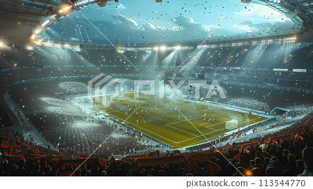 Football, there are cheerleaders filling the football field. 113544770