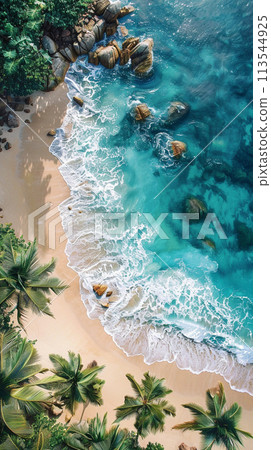 Beach Sand Sea Shore with Blue wave and white foamy summer background,Aerial beach top view overhead seaside. 113544925