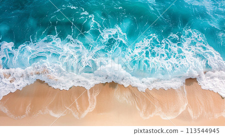 Beach Sand Sea Shore with Blue wave and white foamy summer background,Aerial beach top view overhead seaside. Beach Sand Sea Shore with Blue wave and white foamy summer background,Aerial beach top view overhead seaside. 113544945
