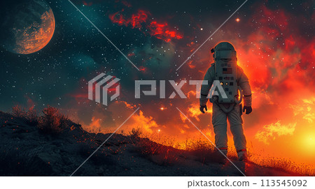 Astronaut in space background with copyspace. Milky way galaxy background. Astronaut in space background with copyspace. Milky way galaxy background. 113545092