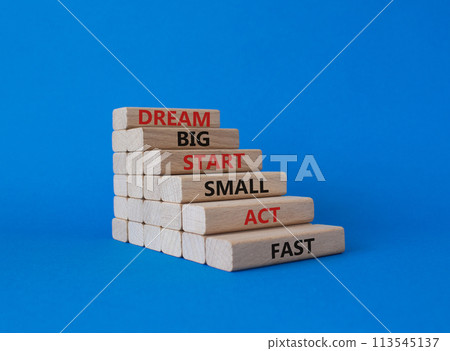 Dream Big Start Small Act Fast symbol. Concept words Dream Big Start Small Act Fast on wooden blocks. Beautiful blue background. Business concept. Copy space. 113545137