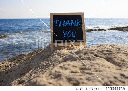 Thank you symbol. Concept word Thank you on black chalk background. Beautiful sea background. Business and Thank you concept. Copy space. Thank you symbol. Concept word Thank you on black chalk background. Beautiful sea background. Business and Thank you concept. Copy space. 113545139