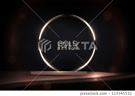 Composition with a shiny round frame and an isolated podium on a dark background 113545532