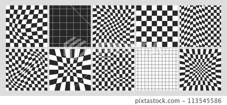 Square psychedelic checkerboards with checkered seamless pattern with monochrome warped grid tile Square psychedelic checkerboards with checkered seamless pattern with monochrome warped grid tile 113545586