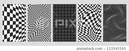 Y2K psychedelic checkerboards, retro checkered seamless pattern with monochrome distorted grid tile Y2K psychedelic checkerboards, retro checkered seamless pattern with monochrome distorted grid tile 113545591