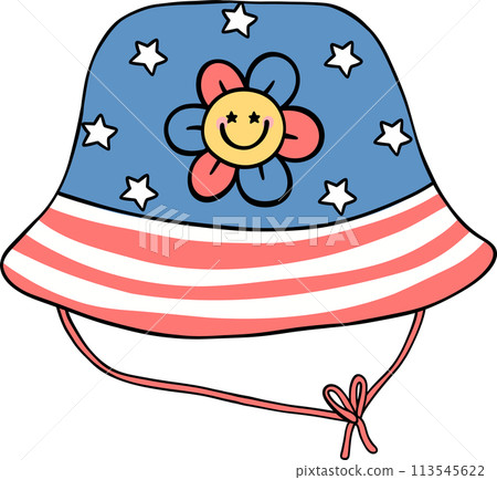 Retro Groovy 4th of July hat Independence day festive cartoon doodle drawing 113545622