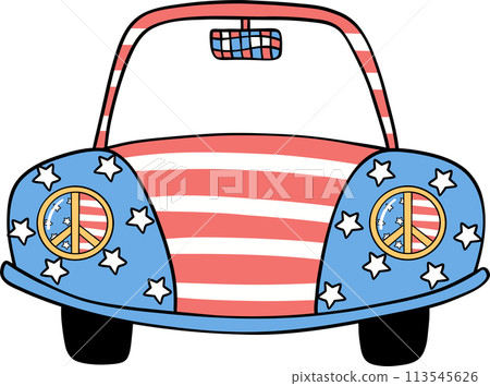 Retro Groovy 4th of July car Independence day festive cartoon doodle drawing 113545626