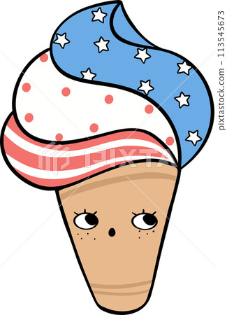 Retro Groovy 4th of July ice cream Independence day festive cartoon doodle drawing 113545673