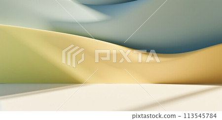 Abstract background landscape template. Cream and teal colored space with curved walls and a flat floor. AI generated image. 113545784