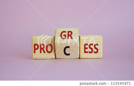Process and Progress symbol. Wooden cubes with words Process and Progress. Beautiful pink background. Business and Process and Progress concept. Copy space Process and Progress symbol. Wooden cubes with words Process and Progress. Beautiful pink background. Business and Process and Progress concept. Copy space 113545971