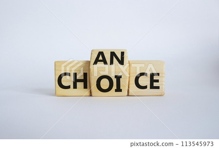 Chance and Choice symbol. Wooden cubes with words Choice and Chance. Beautiful white background. Chance and Choice and business concept. Copy space Chance and Choice symbol. Wooden cubes with words Choice and Chance. Beautiful white background. Chance and Choice and business concept. Copy space 113545973