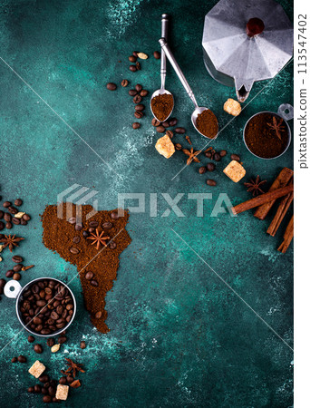 Grounded coffee and beans from South America 113547402