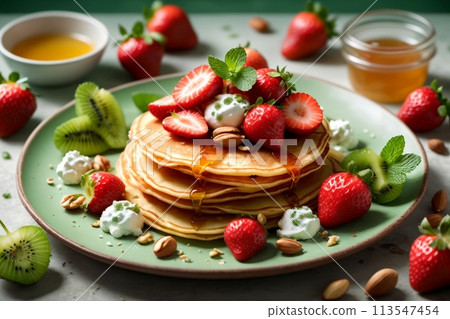 thin pancakes with fresh strawberries, kiwi, cottage cheese, in a plate 113547454