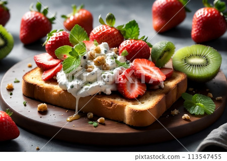 sandwich with fresh strawberries, kiwi, cottage cheese in a plate 113547455