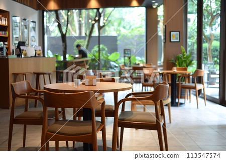 Coffee shop interior in downtown, Complex contour, wood furniture, natural light. Coffee shop interior in downtown, Complex contour, wood furniture, natural light. 113547574