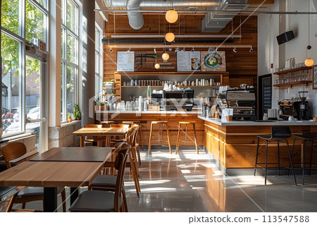 Coffee shop interior in downtown, Complex contour, wood furniture, natural light. 113547588