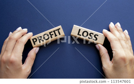 Profit or Loss symbol. Concept word Profit or Loss on wooden blocks. Businessman hand. Beautiful deep blue background. Business and Profit or Loss concept. Copy space 113547601